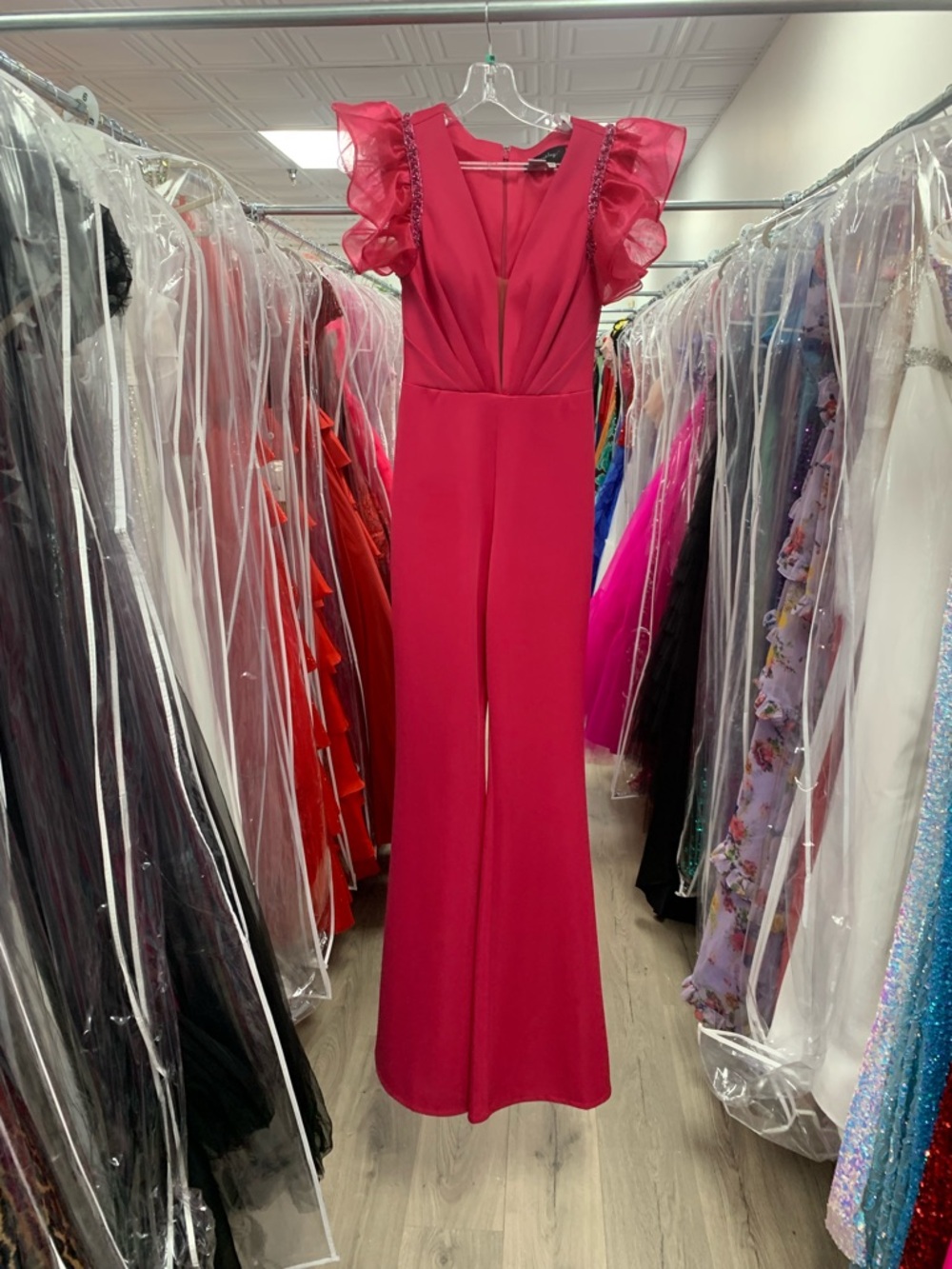 Fuchsia Ruffled-Sleeve Jumpsuit